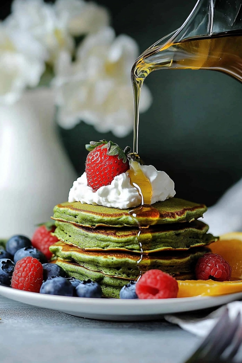 A stack of fluffy matcha pancakes topped with syrup and berries, served on a white plate with a cup of matcha latte on the side.