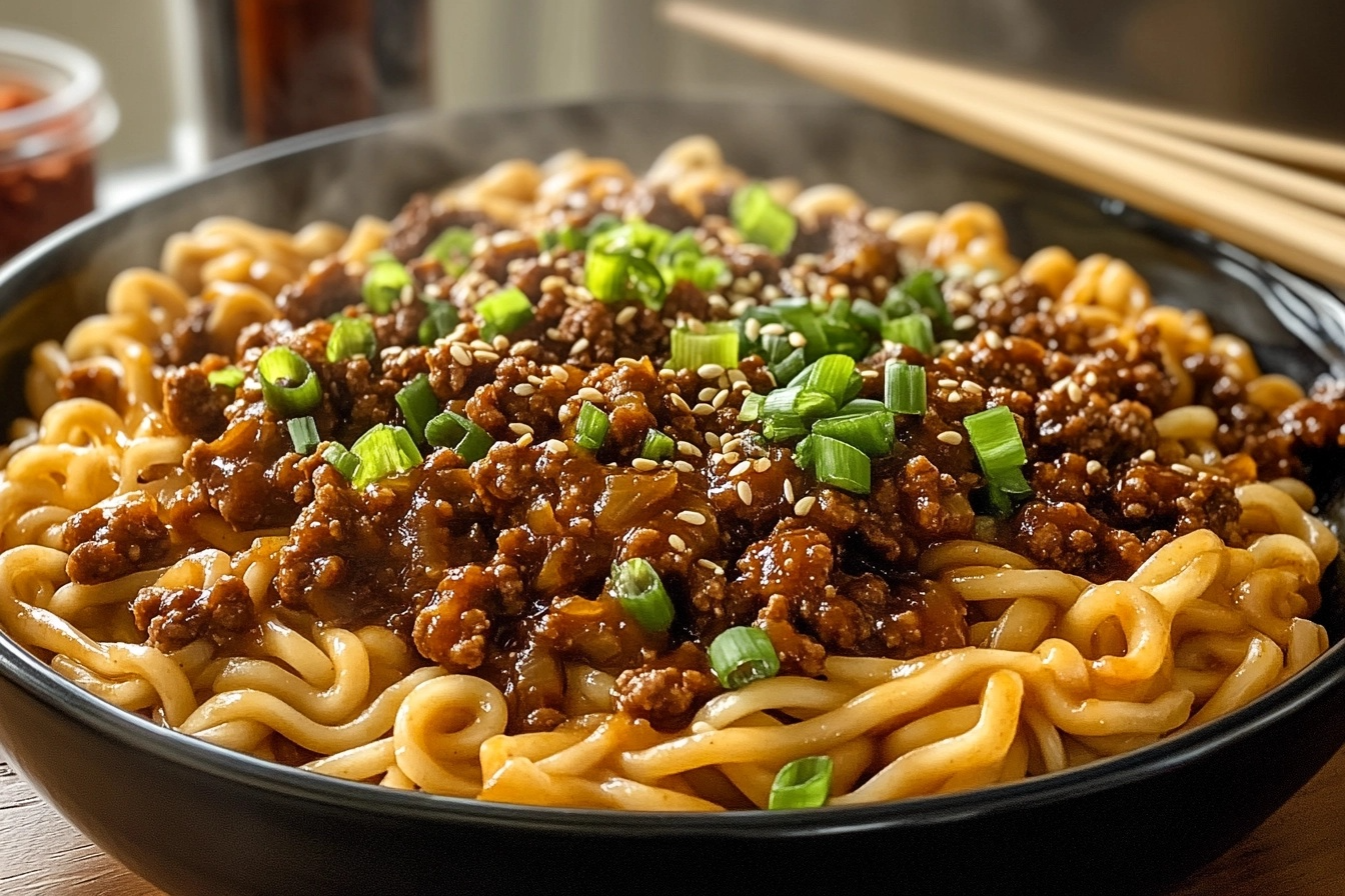 A bowl of Mongolian Ground Beef Noodles topped with sesame seeds and green onions, served on a rustic wooden table.