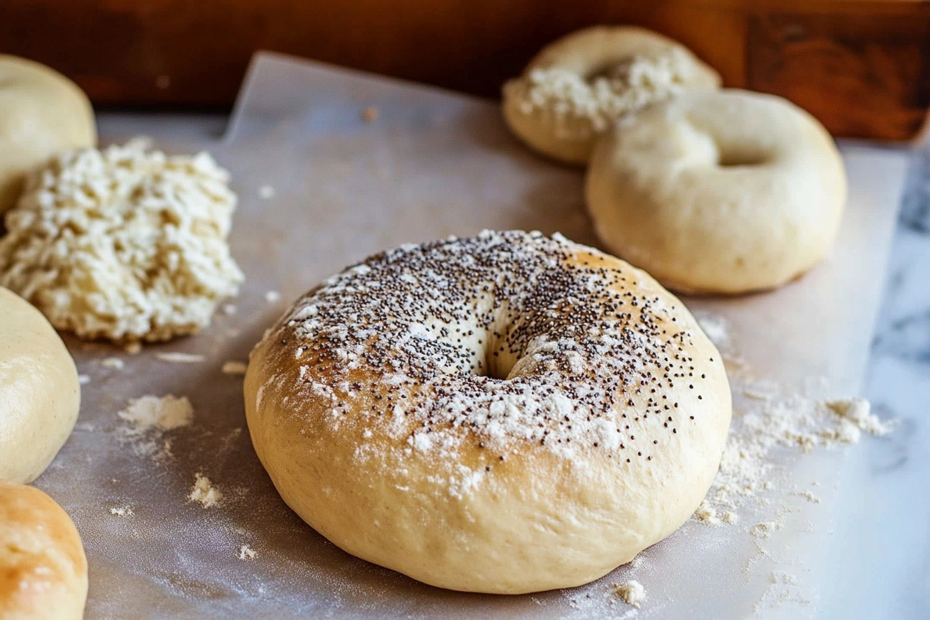 Step-by-step process of making Sourdough Discard Bagels, from mixing dough to shaping, boiling, and brushing before baking.