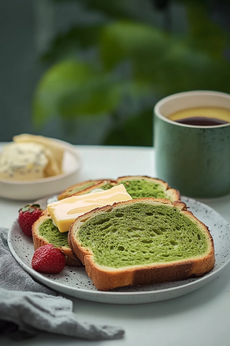 Breackfast Toasted Matcha Pan slices served with butter, honey, and a matcha latte on a cozy breakfast table.