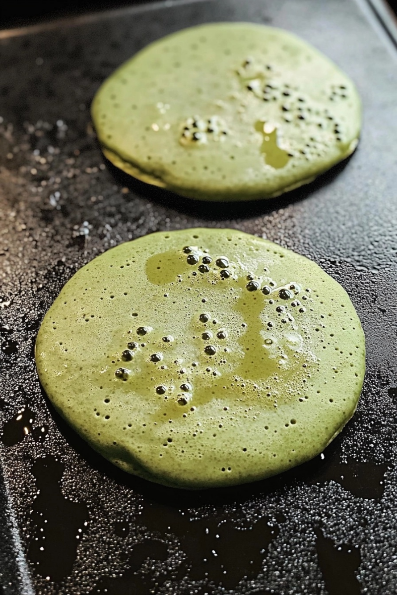 Two Matcha pancakes cooking on a black griddle, the pancakes are round and have small bubbles on the surface, the griddle is slightly greasy