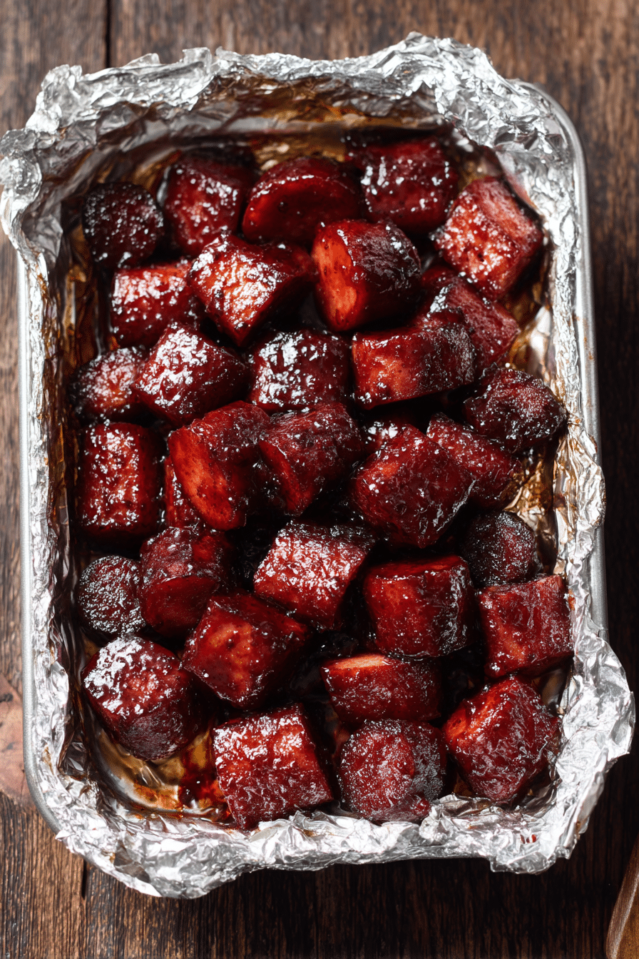 BBQ hot dog burnt ends caramelized in foil pan with brown sugar and sticky glaze