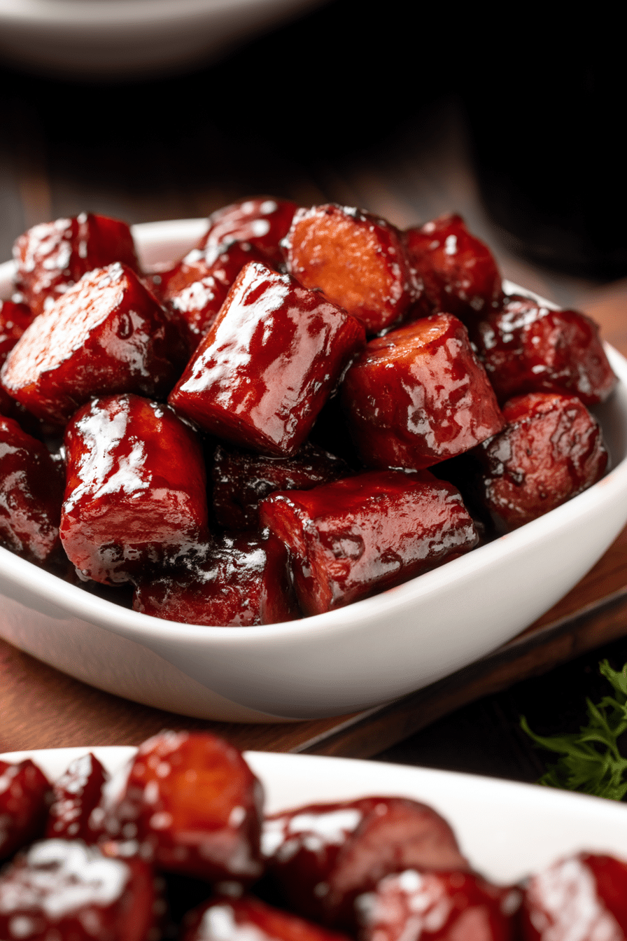 Hot Dog Burnt Ends coated in mustard and BBQ rub on tray