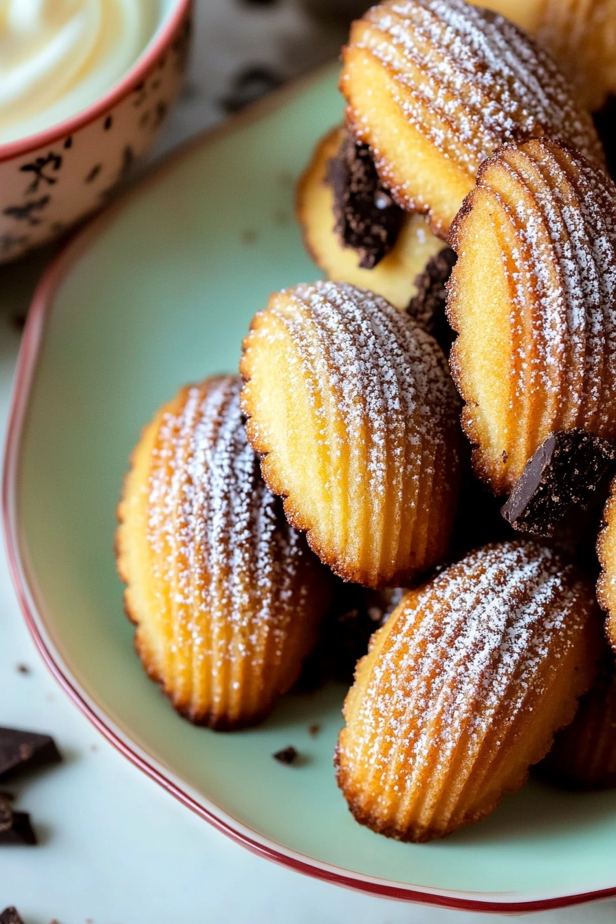 Madeleines paired with fresh berries, a dollop of whipped cream, and a rich bowl of melted chocolate for dipping.