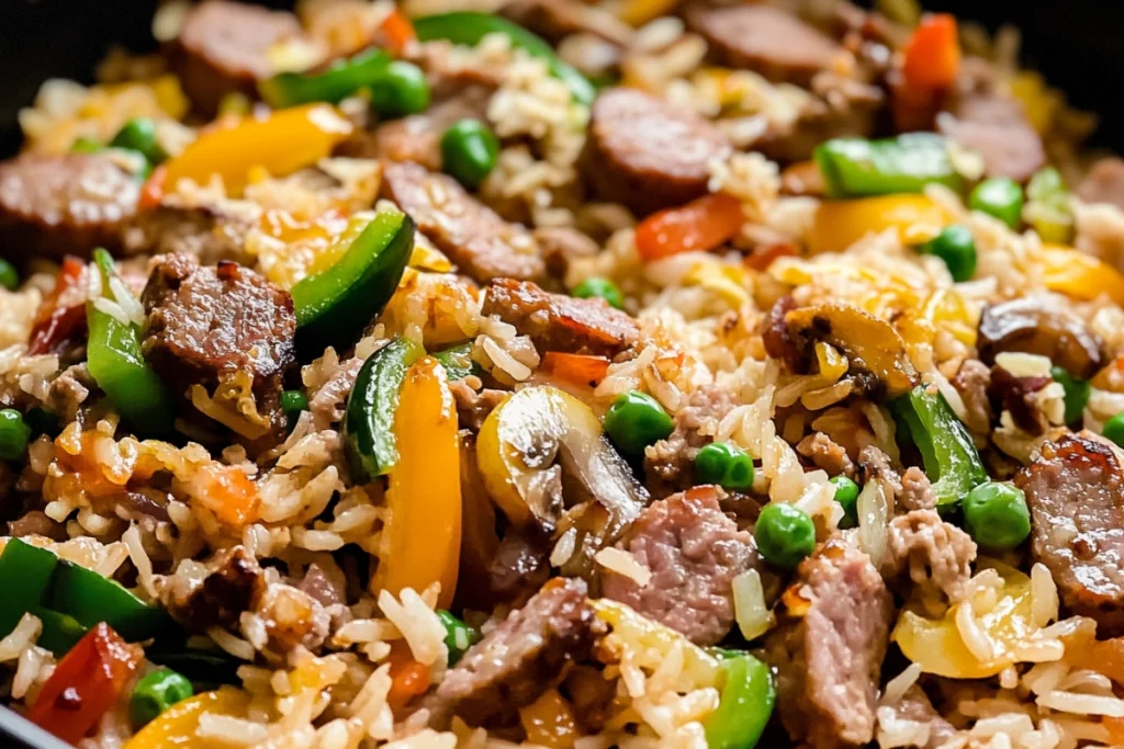 Leftover steak fried rice served hot in a rustic skillet