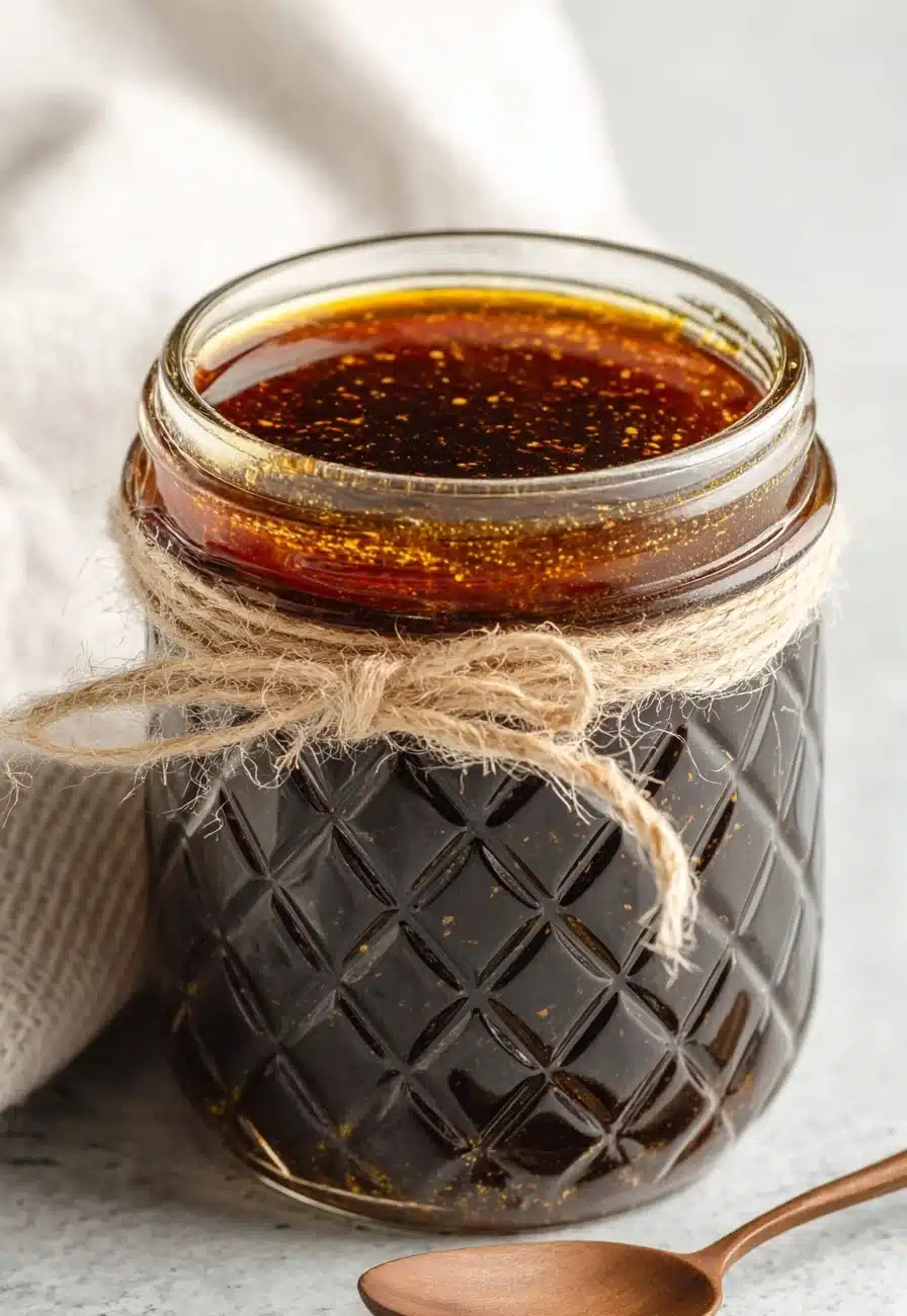 Hibachi-Steak-Marinade-low-res-tasty tasty Raw flank in hibachi steak marinade in a glass container.