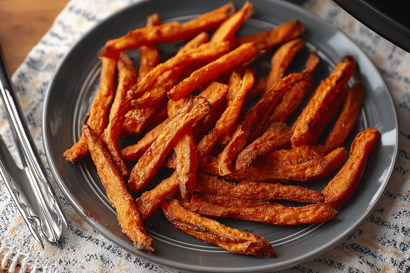 crispy alexia sweet potato fries air fryer in an air fryer basket with tongs