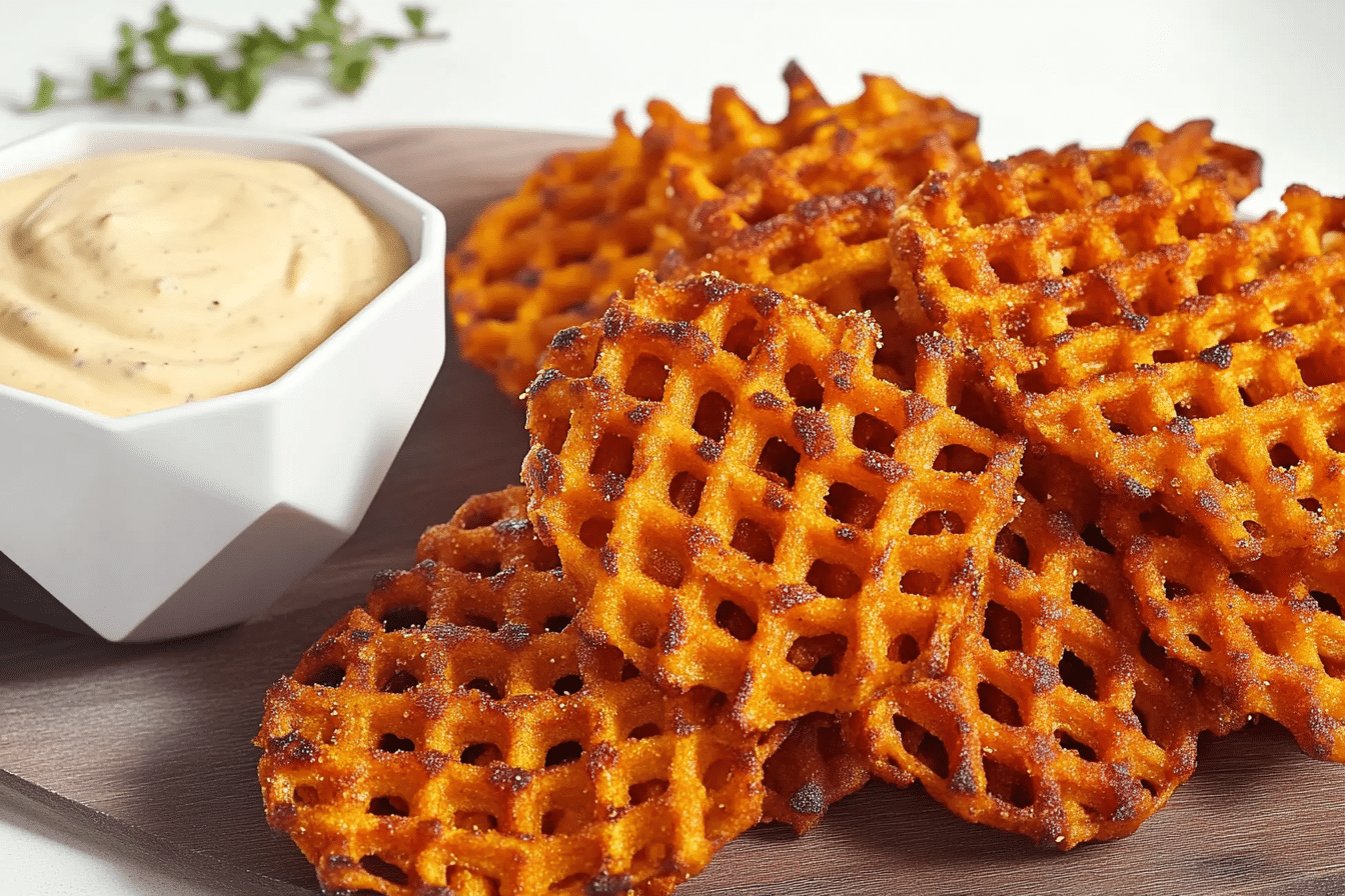 crispy sweet potato waffle fries in an air fryer basket