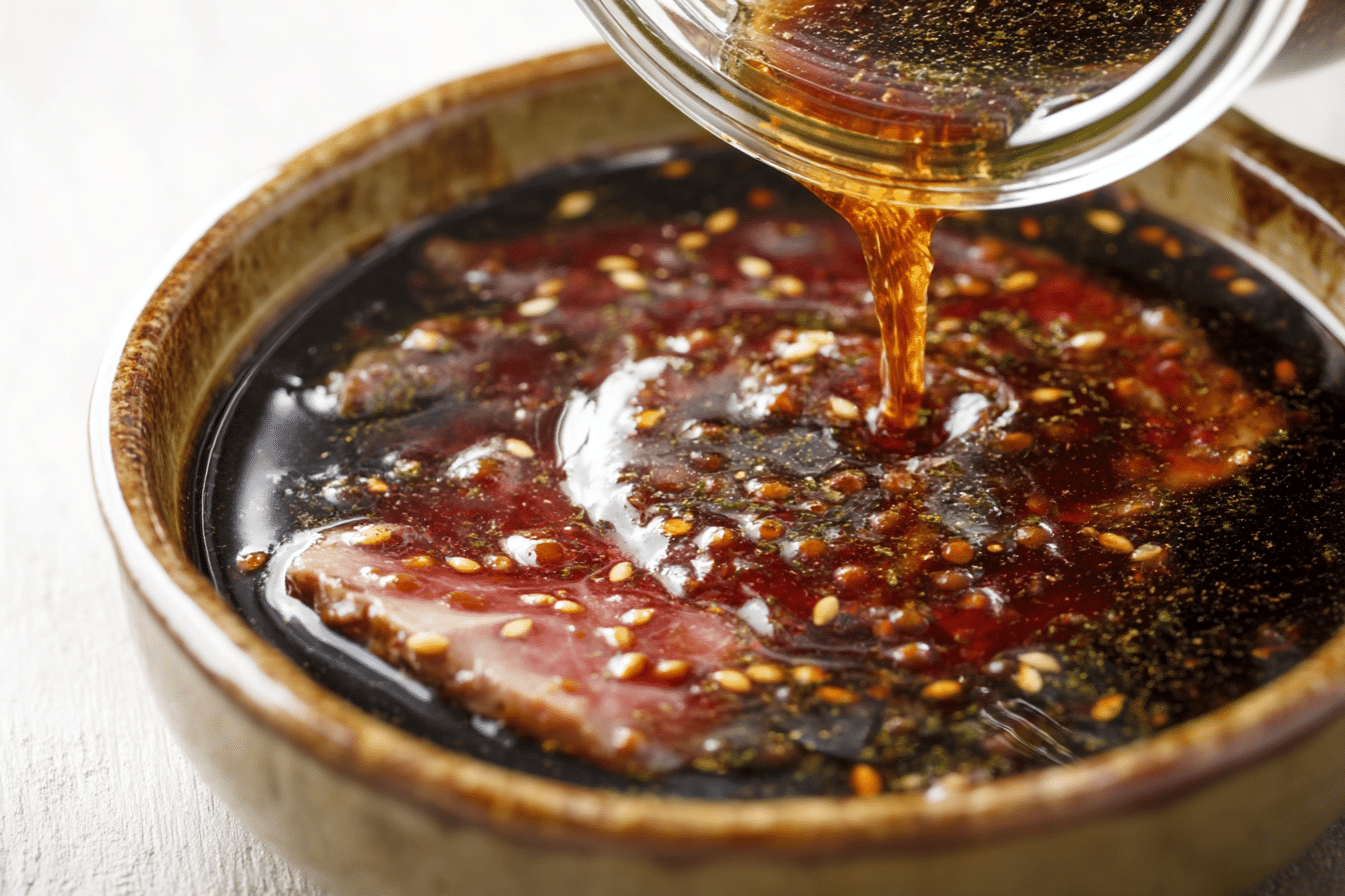 Raw steak in soy-based Japanese marinade with scallions and sesame in glass dish