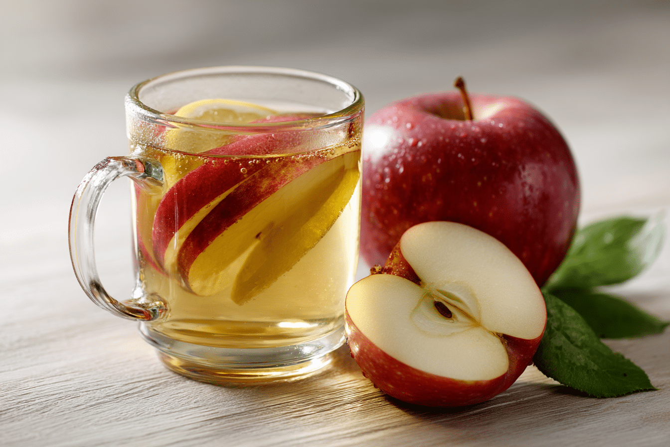Glass of Brazilian Mounjaro Recipe with Apple Cider Vinegar, lemon, ginger and cinnamon on a wooden table