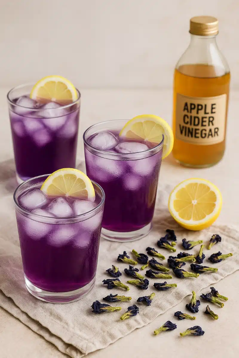 brazilian-mounjaro-drinks-served Three glasses of iced Brazilian Mounjaro drink with lemon and apple cider vinegar