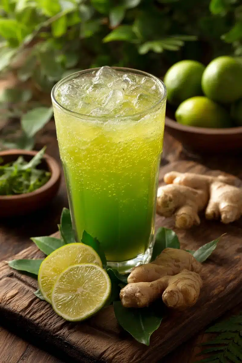 brazilian-weight-loss-drink Glass of Brazilian Mounjaro drink with green tea, lime, and ginger on a wooden board.