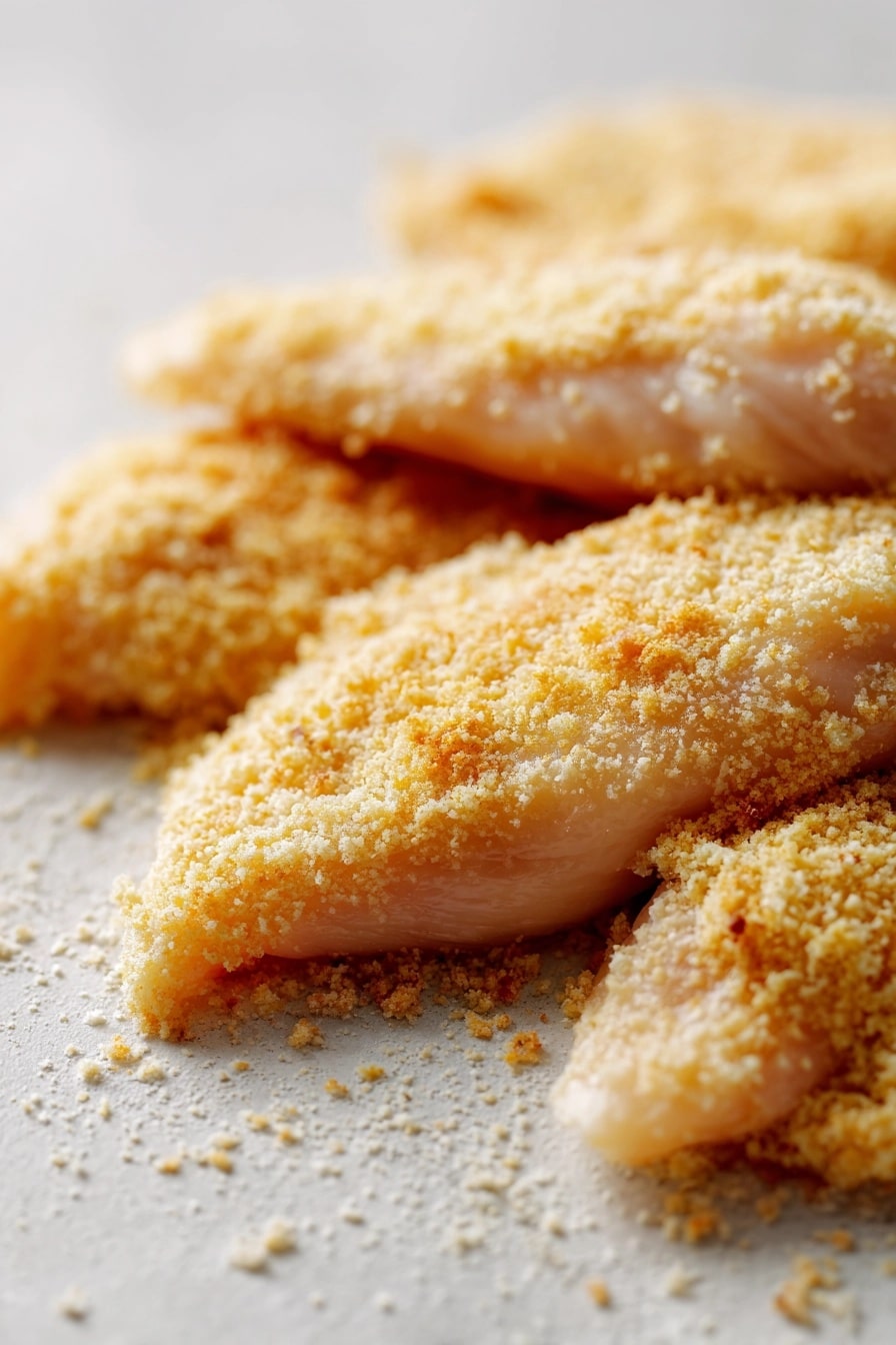 raw chicken being dipped into panko breadcrumb mixture