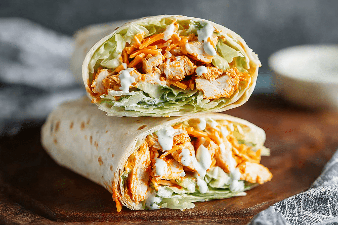 buffalo chicken wrap cut in half on a rustic wooden board with dipping sauce