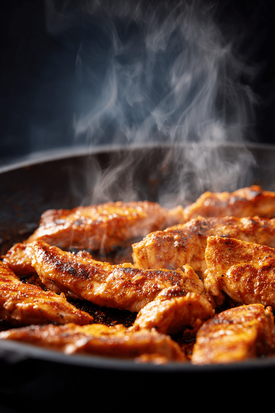 chicken strips cooking in a skillet with buffalo sauce