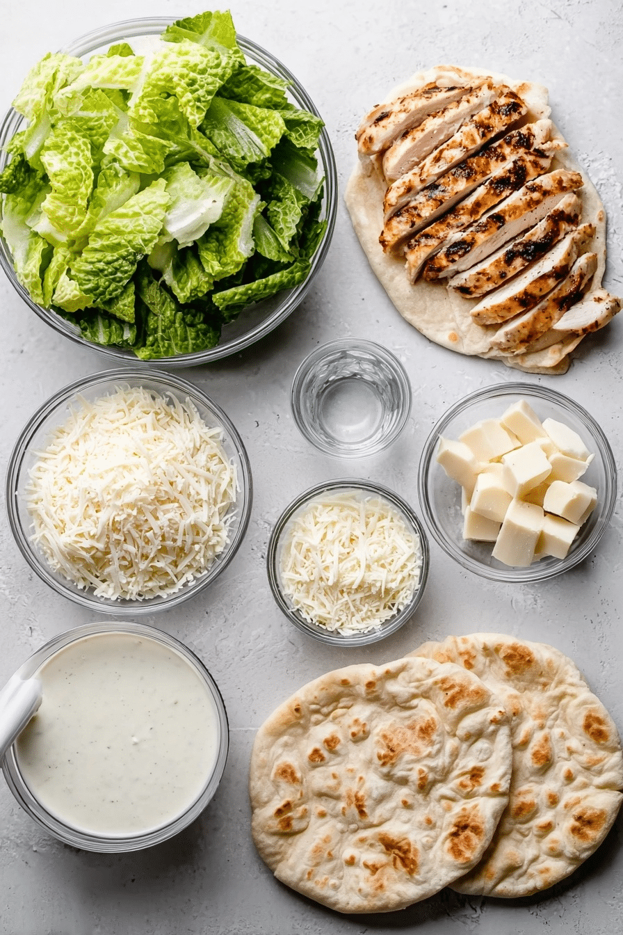 raw ingredients for grilled chicken caesar wrap including lettuce, dressing, chicken, cheese, and tortillas