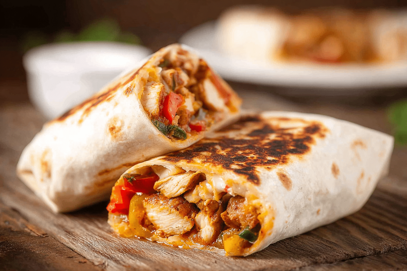 chicken fajita wrap cut in half showing peppers, onions, and cheese inside