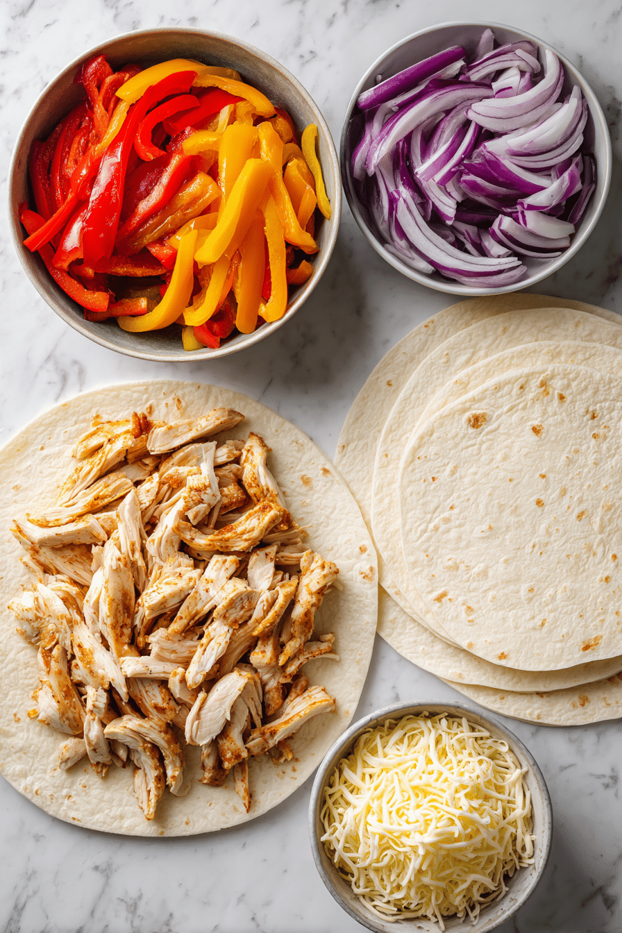 sliced chicken, bell peppers, onion, tortillas, beans, cheese laid out neatly