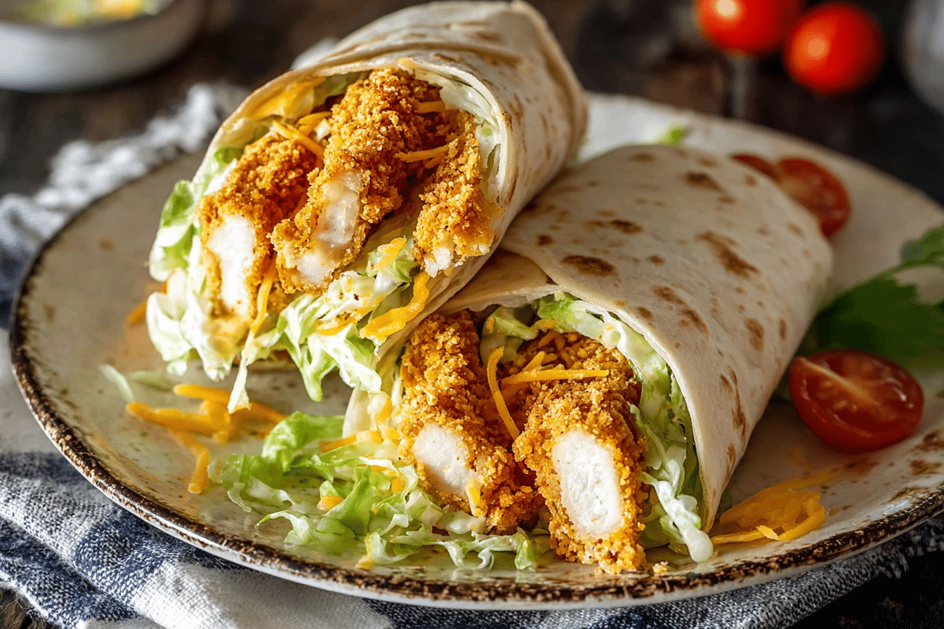 crispy chicken wrap sliced open showing golden chicken, lettuce, and cheese