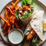 plated crispy chicken wrap with alexia sweet potato fries and dipping sauce