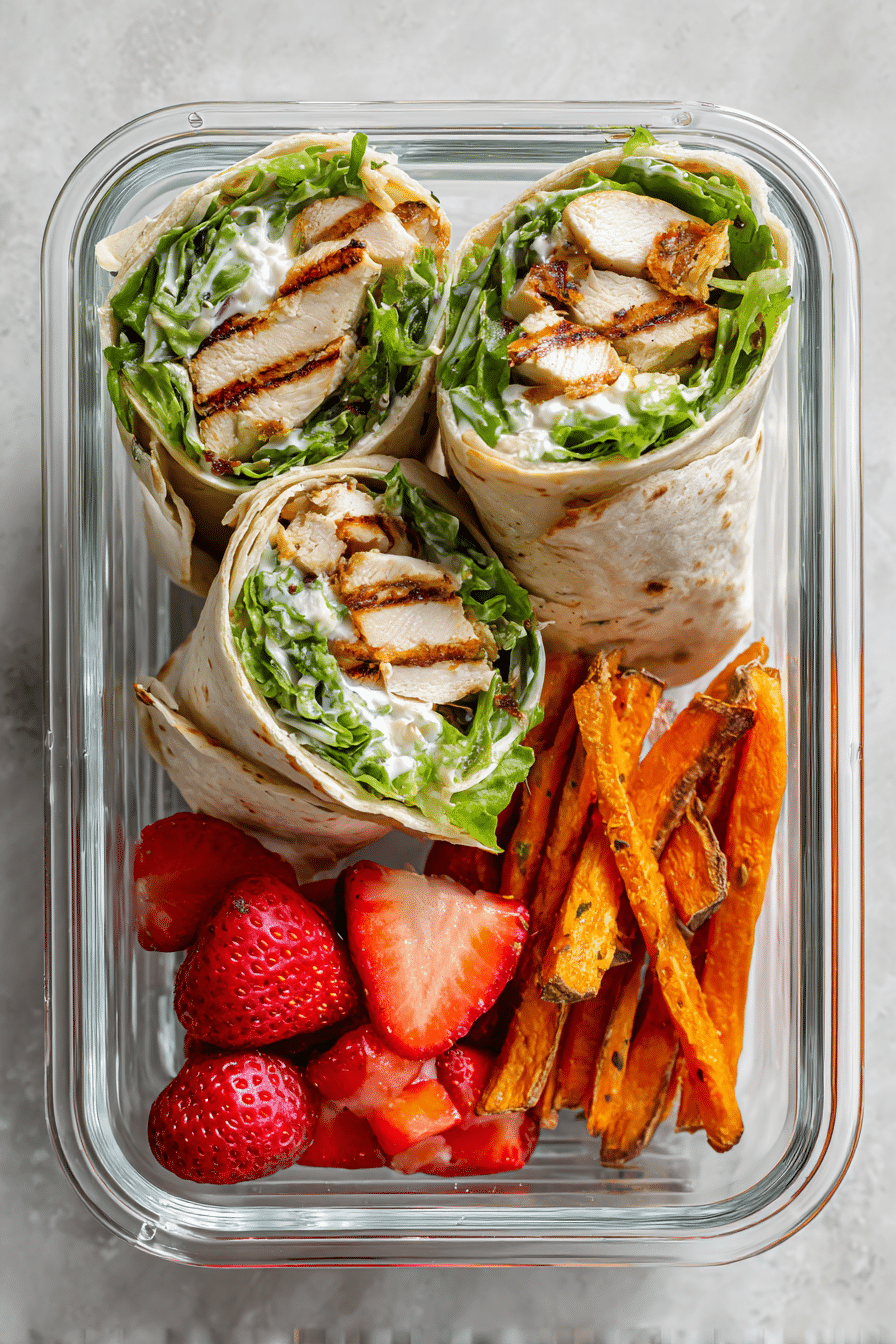 sliced grilled chicken caesar wrap in a meal prep container with fruit and sweet potato fries