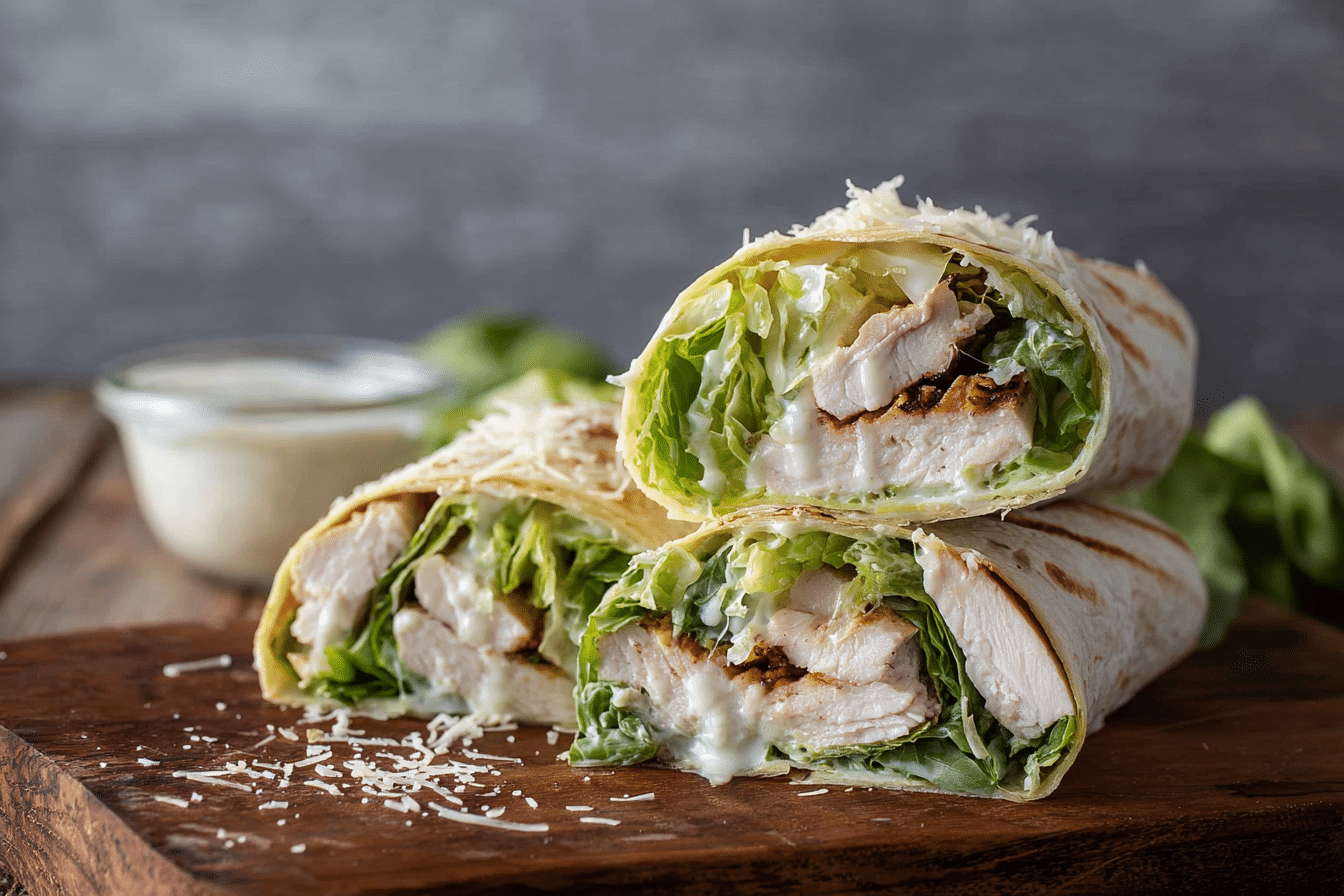 grilled chicken caesar wrap sliced in half with parmesan and romaine on a wooden board