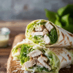 chicken caesar wrap sliced in half with parmesan and romaine on a wooden board