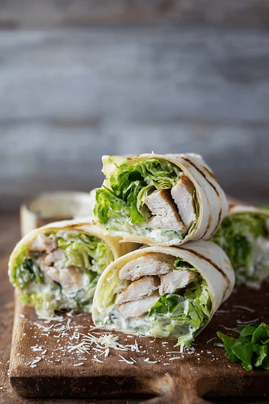 grilled chicken caesar wrap recipe sliced in half with parmesan and romaine on a wooden board