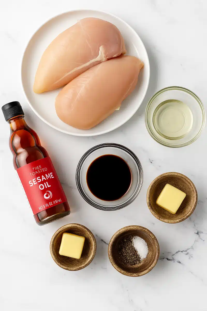 hibachi-chicken-ingredients Raw ingredients for hibachi chicken recipe on wooden board.