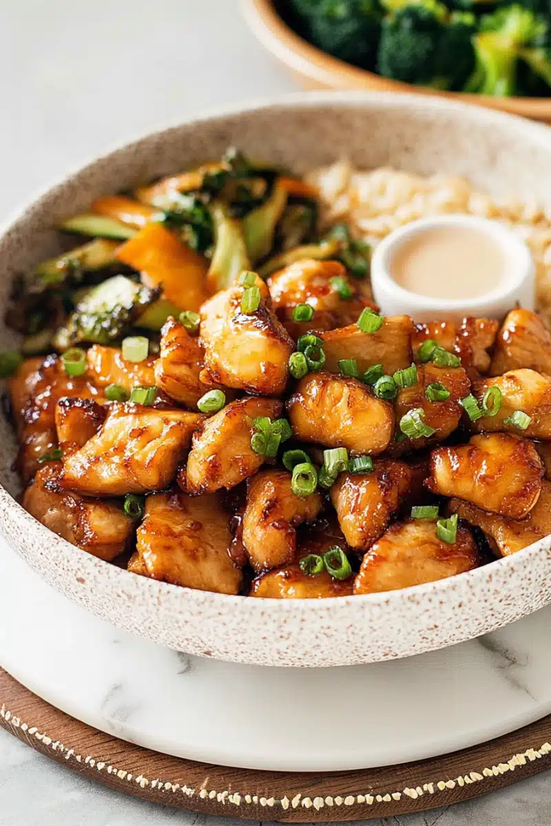 hibachi-chicken-mealprep Meal prep containers filled with hibachi chicken, fried rice, and stir-fried veggies.