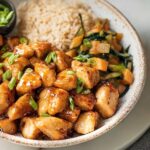 tasty for Hibachi chicken with vegetables and rice on a Japanese-style plate.