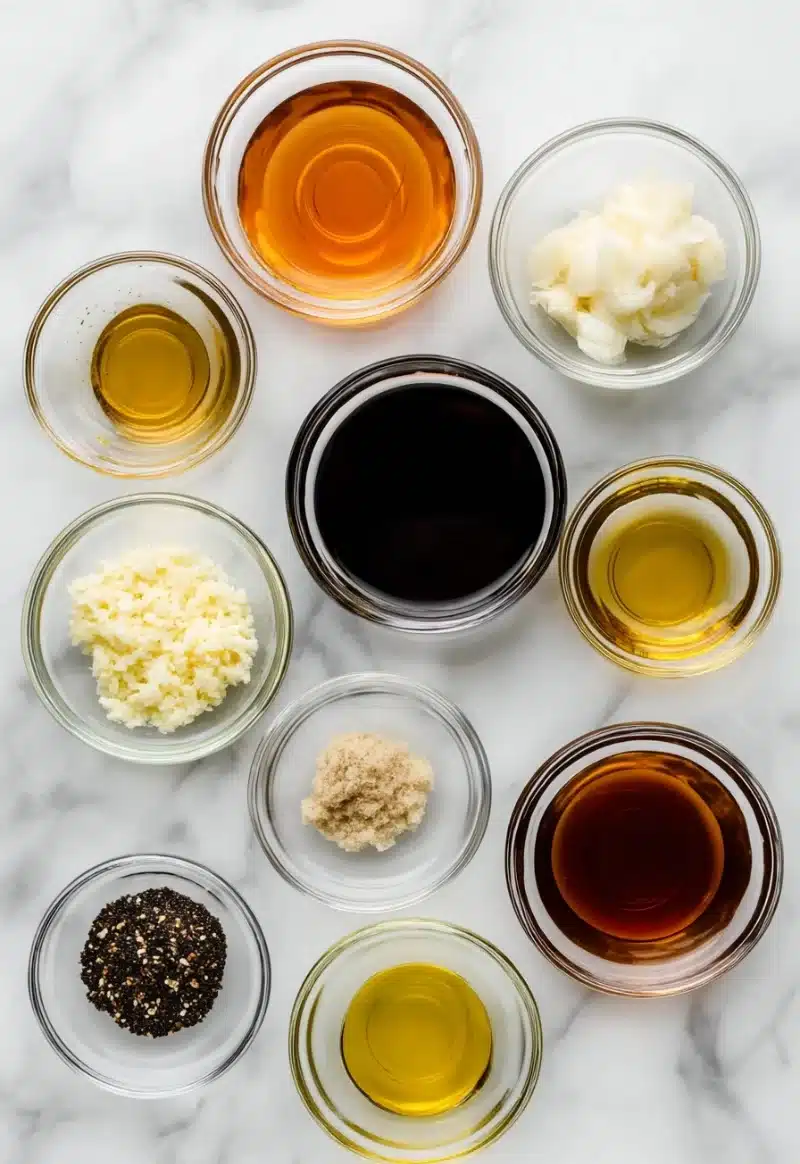 hibachi-marinade-ingredients Flat lay of hibachi steak marinade ingredients on wood.