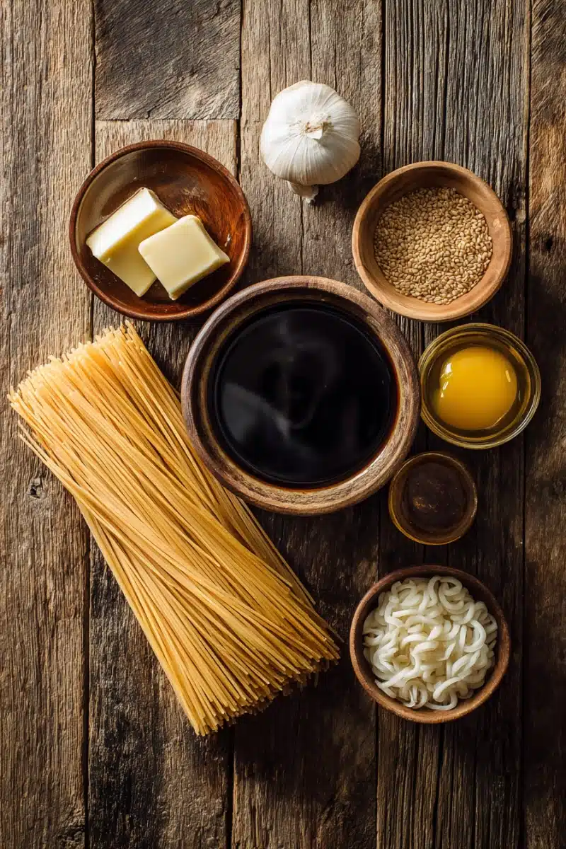 hibachi-noodles-ingredients Hibachi noodle ingredients arranged on a cutting board.