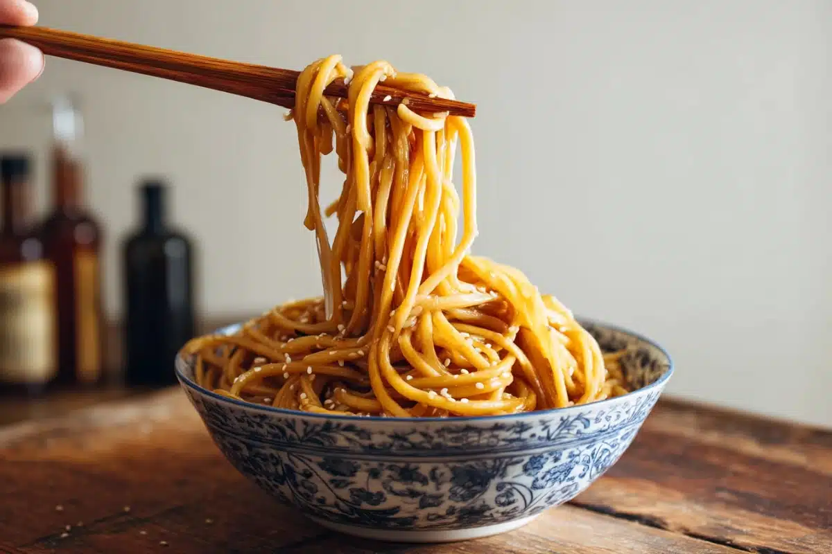 Hibachi noodles on a plate with vegetables and sesame garnish.