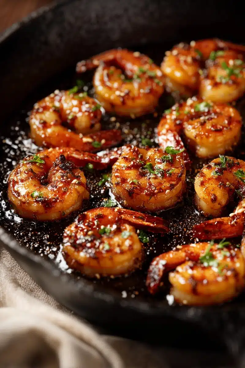 hibachi-shrimp-cooking Shrimp cooking in a skillet with bubbling soy sauce and butter.