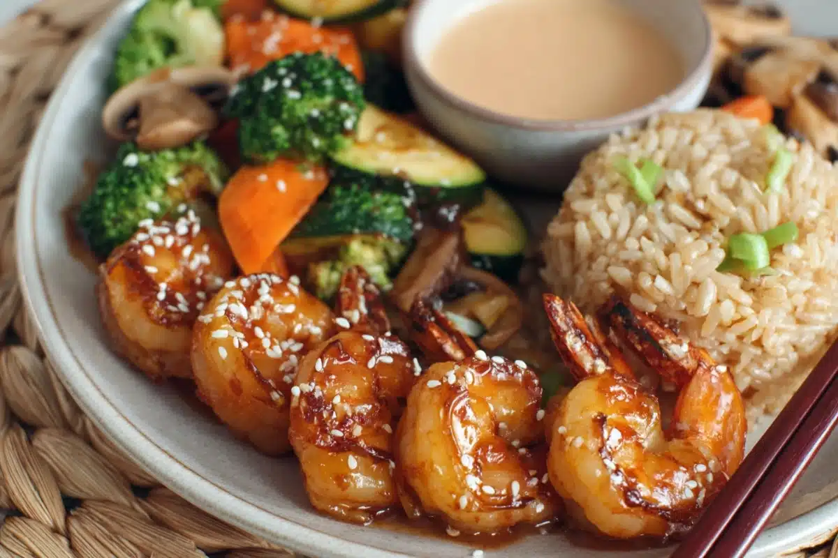 Hibachi shrimp served with noodles and veggies on a Japanese-style dinner plate.
