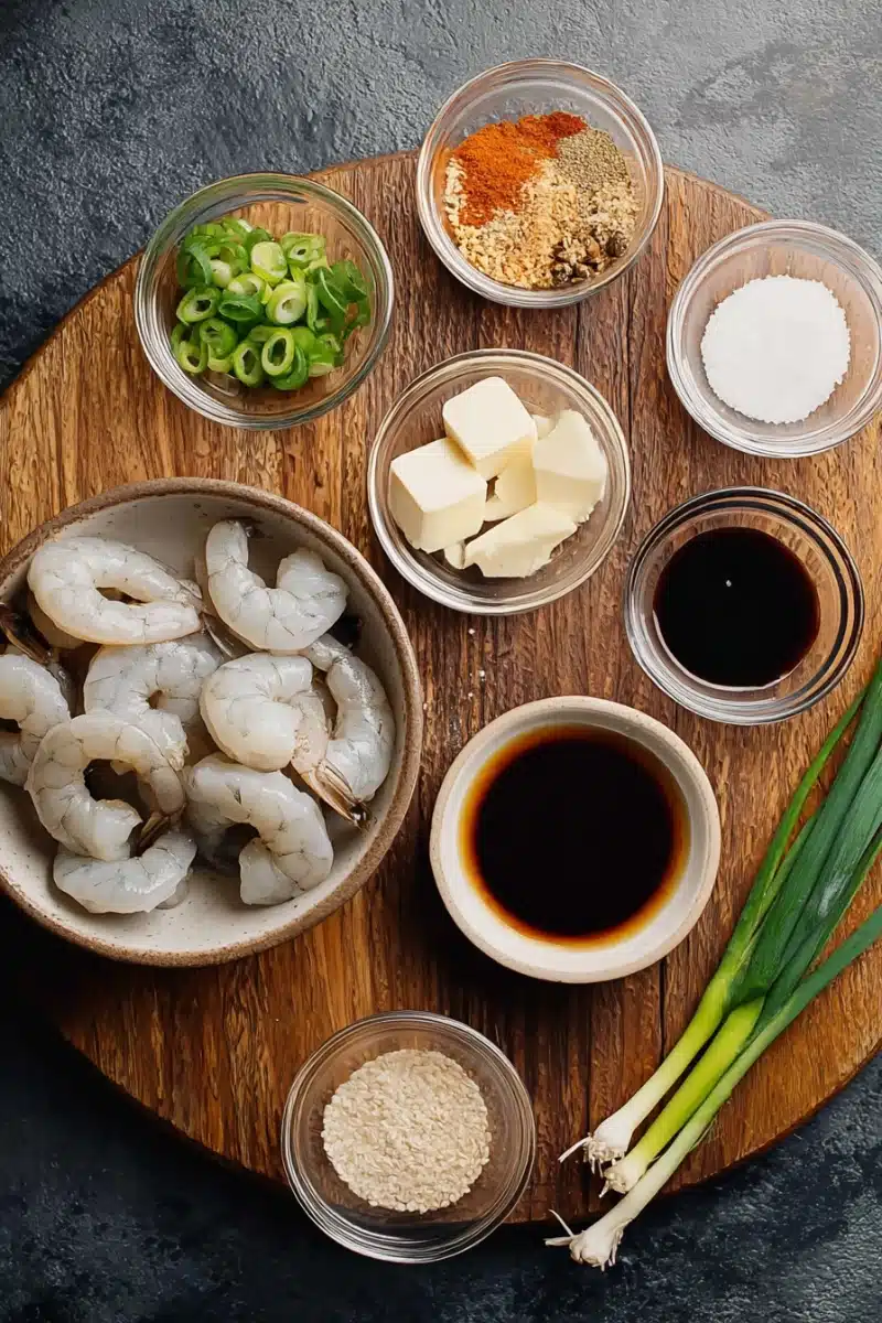 hibachi-shrimp-ingredients Raw ingredients for hibachi shrimp on a wooden cutting board.