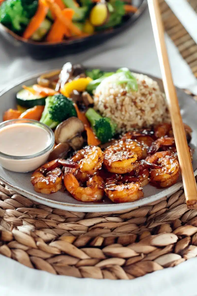 hibachi-shrimp-mealprep Hibachi shrimp in glass containers with rice and vegetables.