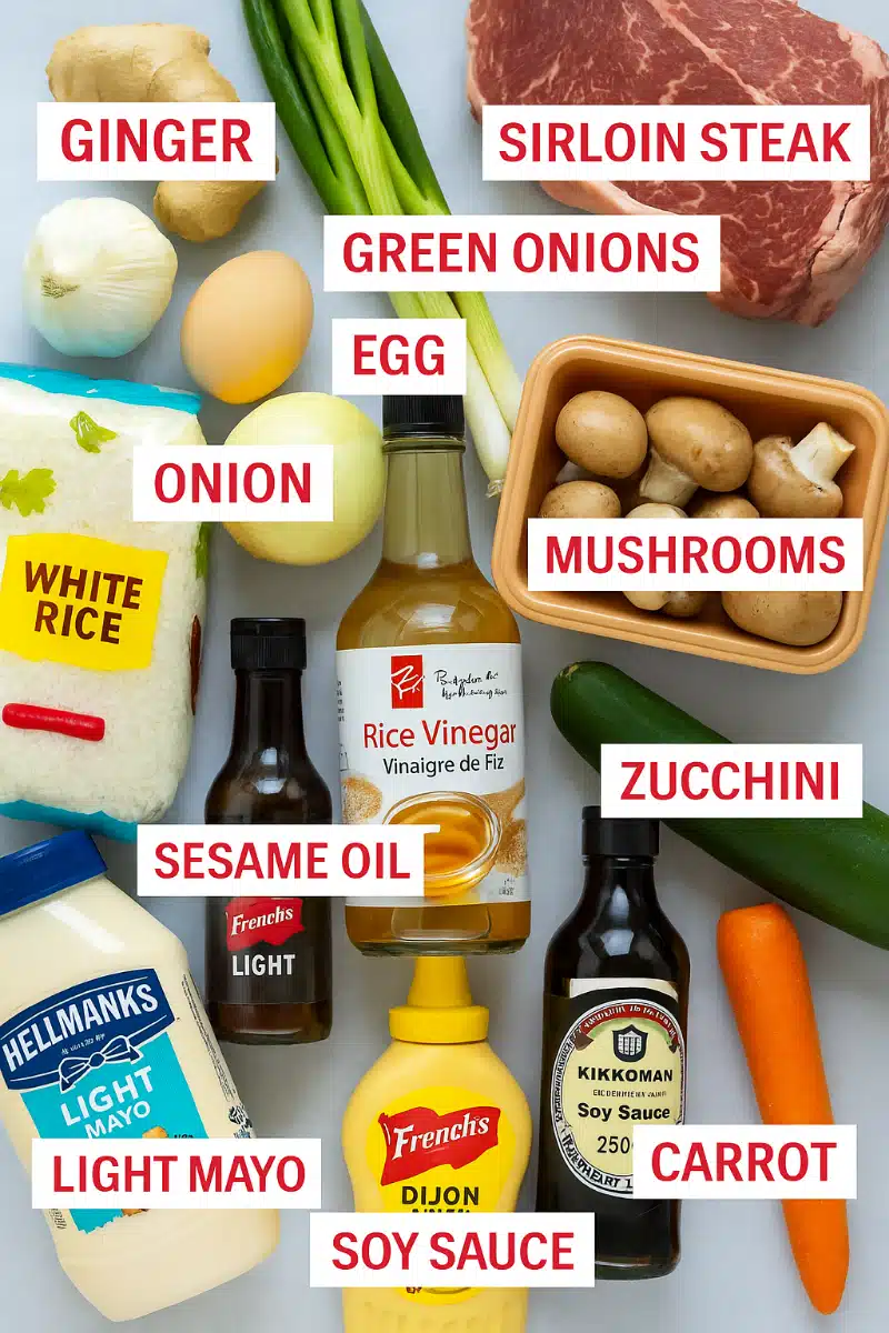 hibachi-steak-ingredients Flat lay of hibachi steak ingredients on white surface