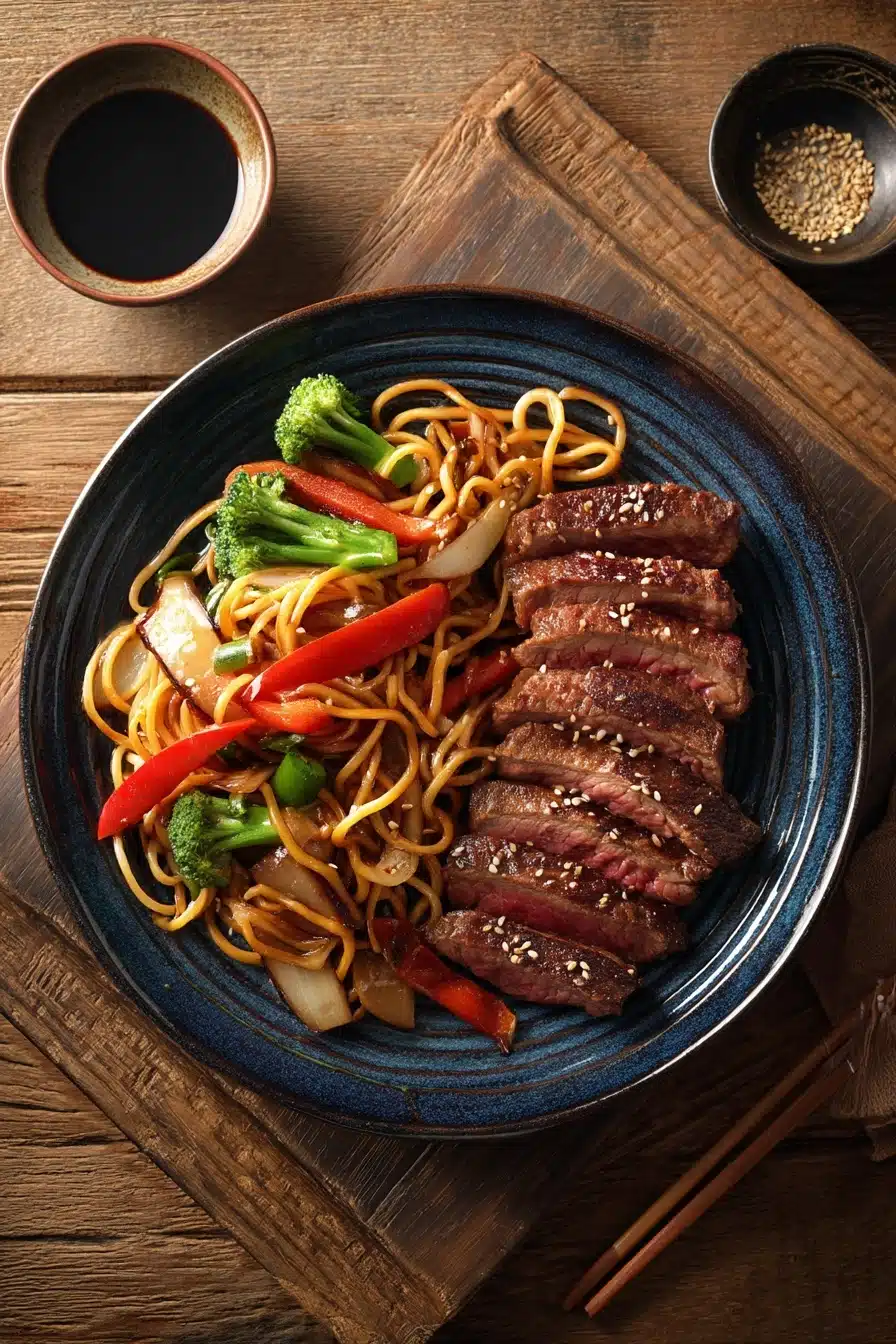 hibachi-steak-meal-plate Hibachi steak served with noodles and vegetables on a ceramic plate.