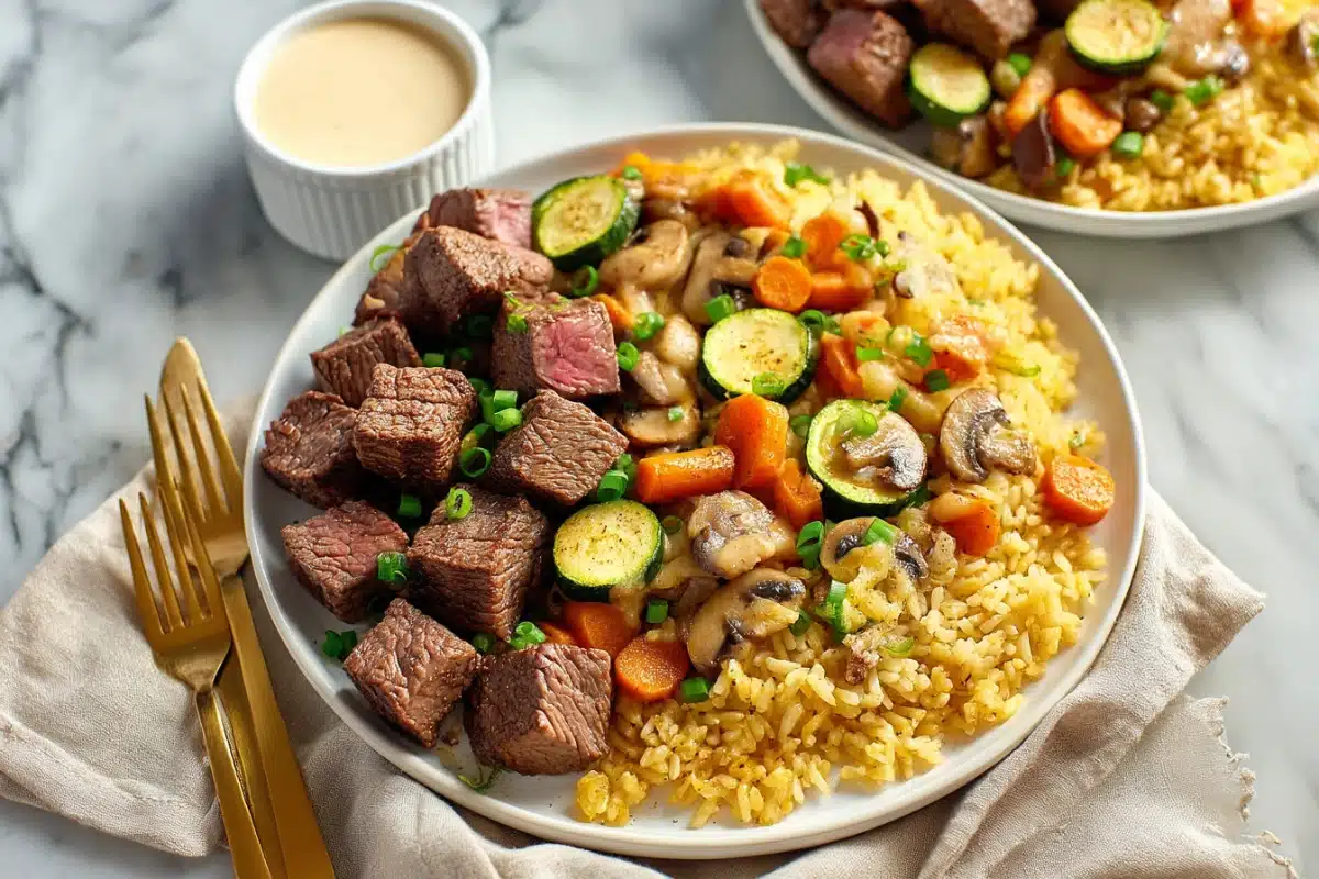 Hibachi steak cooking on a hot griddle with steam rising