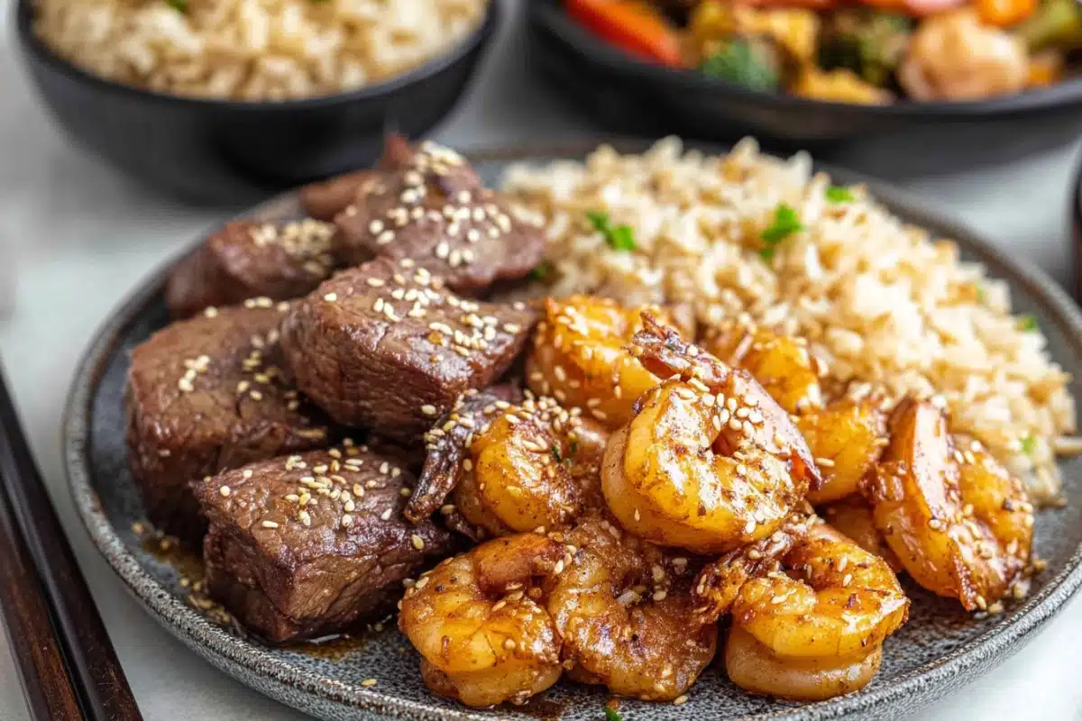 Hibachi steak and shrimp cooking in a skillet with garlic and soy sauce.