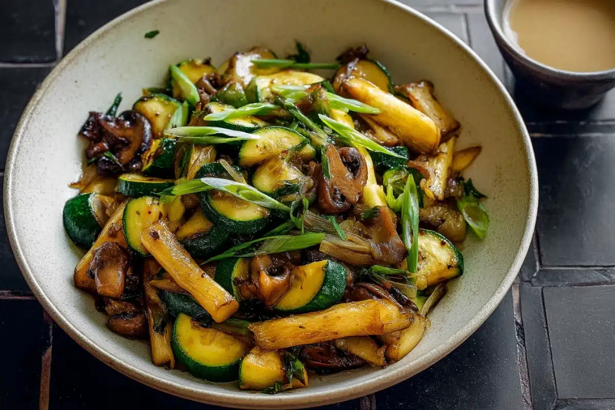 A sizzling cast iron skillet loaded with vibrant hibachi veggies—zucchini, squash, mushrooms, and onions—freshly sautéed for a healthy weeknight dinner.