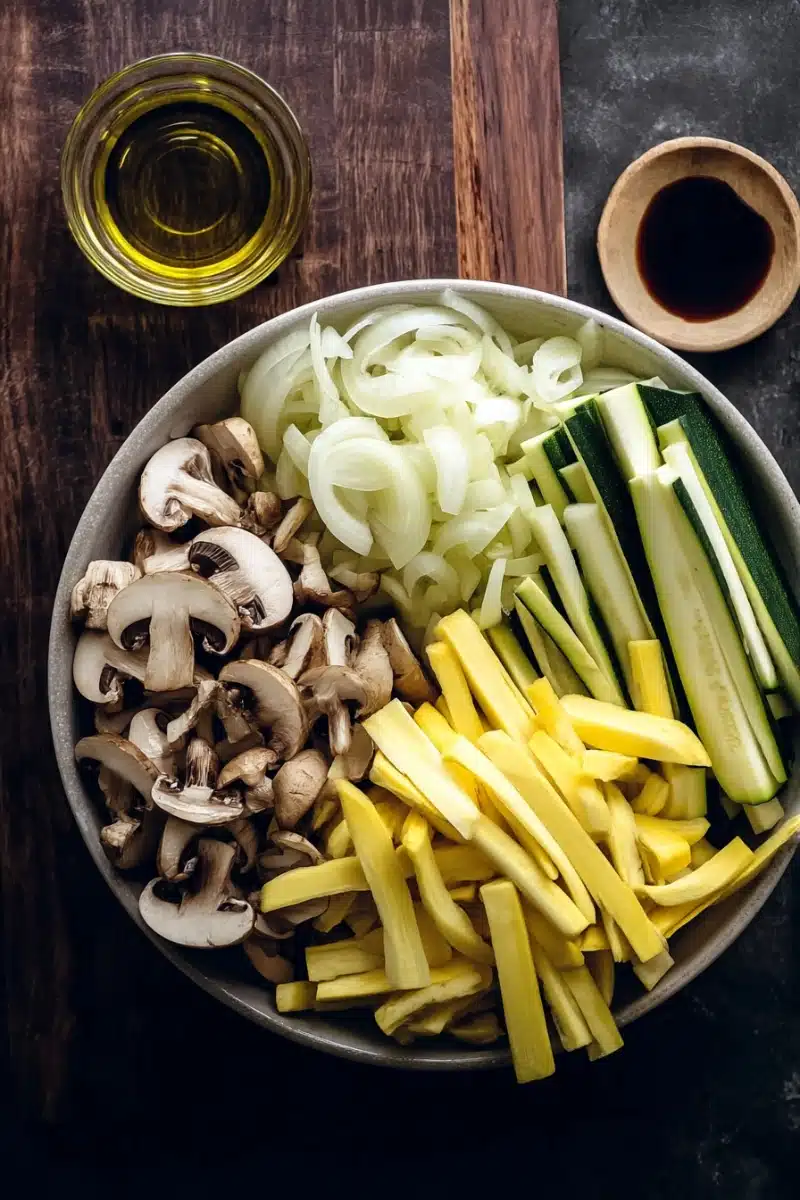 hibachi-veggies-ingredients Zucchini, squash, onions, and mushrooms neatly arranged on a wooden board—these are the essentials for hibachi veggies.