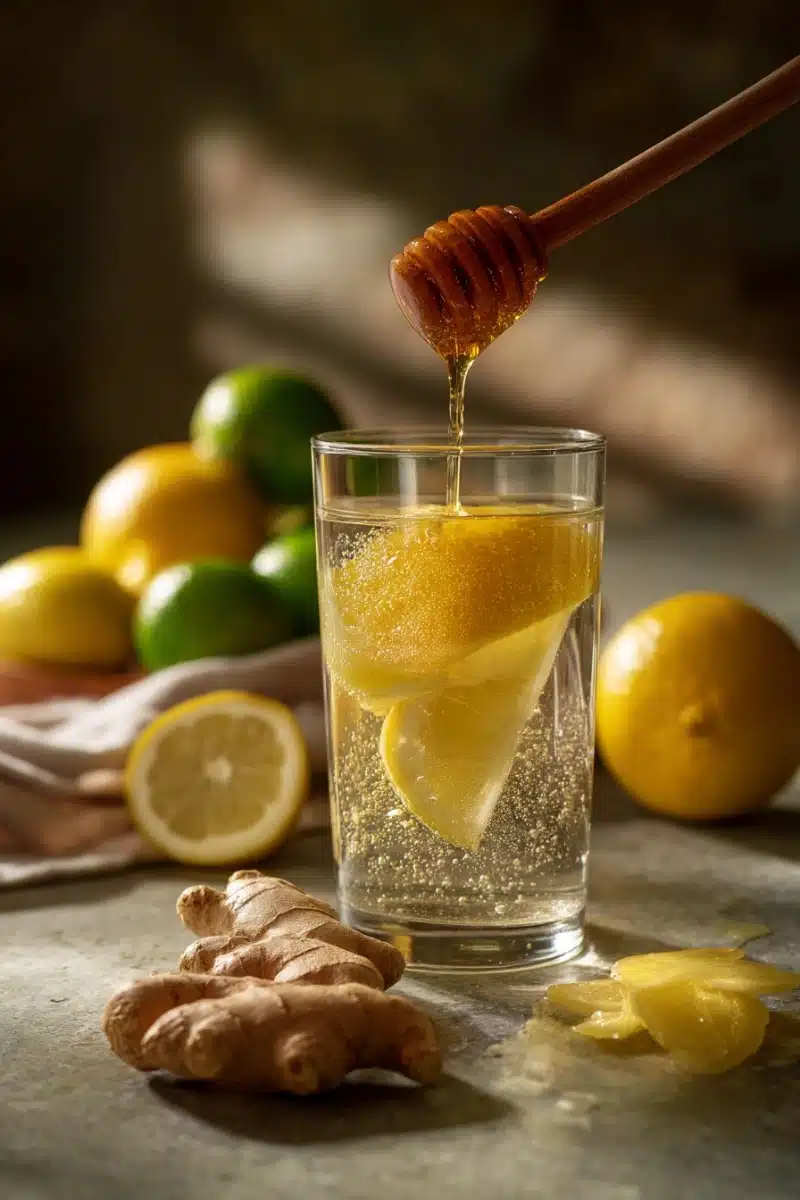 making-natural-mounjaro-recipe Step-by-step image showing mixing of apple cider vinegar, lemon, ginger, and honey into warm water.