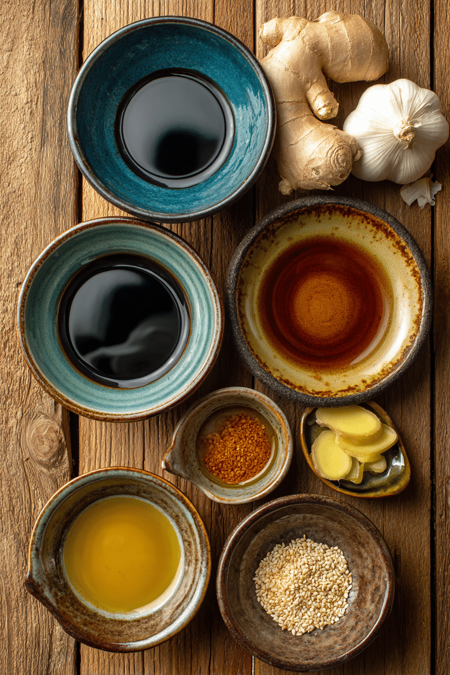 best japanese steak marinade: Soy sauce, mirin, sake, garlic, ginger, sugar in bowls on wood table