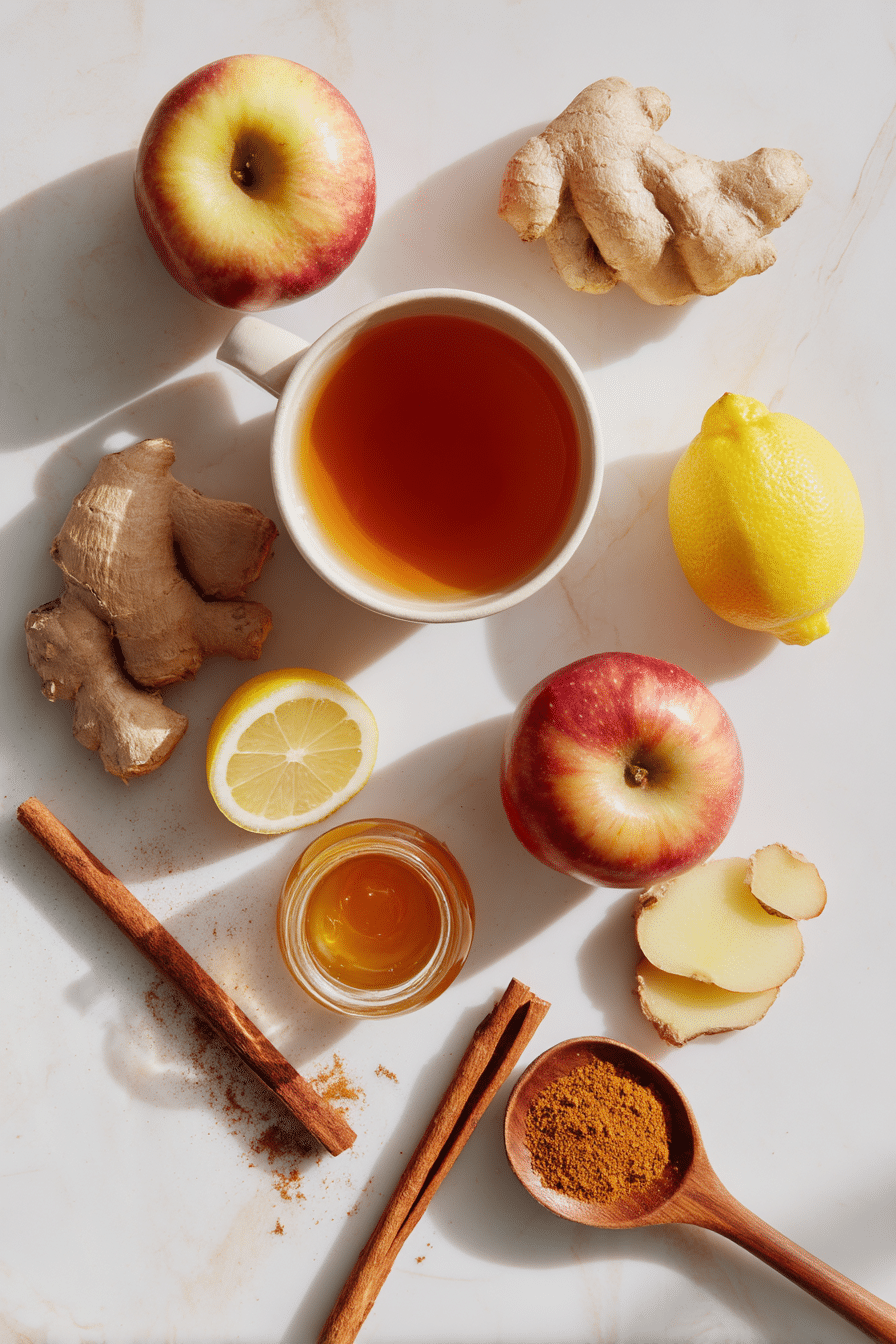 Flat lay of apple cider vinegar, lemon, ginger, cinnamon and honey on white kitchen counter