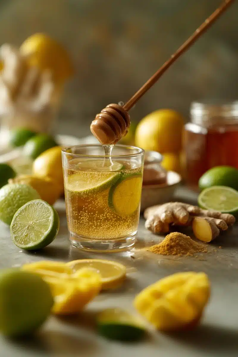 mounjaro-recipe-ingredients-flatlay Overhead view of Natural Mounjaro ingredients: apple cider vinegar, lemon, ginger, honey, and warm water.