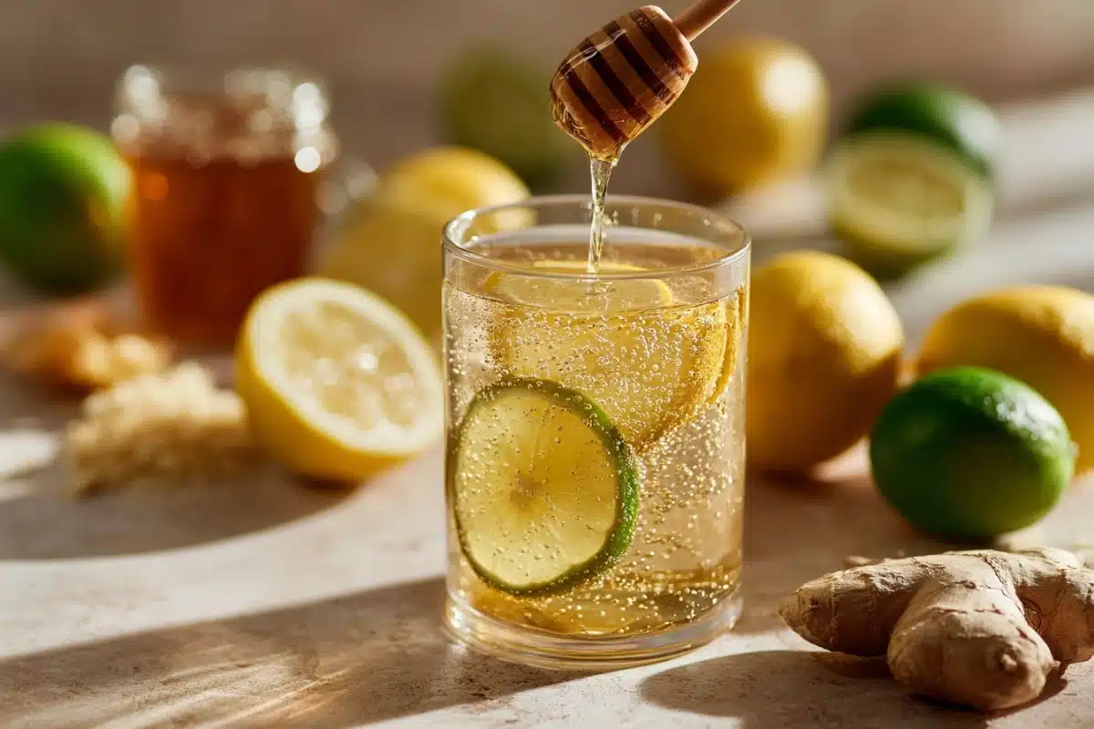 A glass of Natural Mounjaro recipe detox drink made with ginger, lemon, and apple cider vinegar placed on a rustic wooden table.