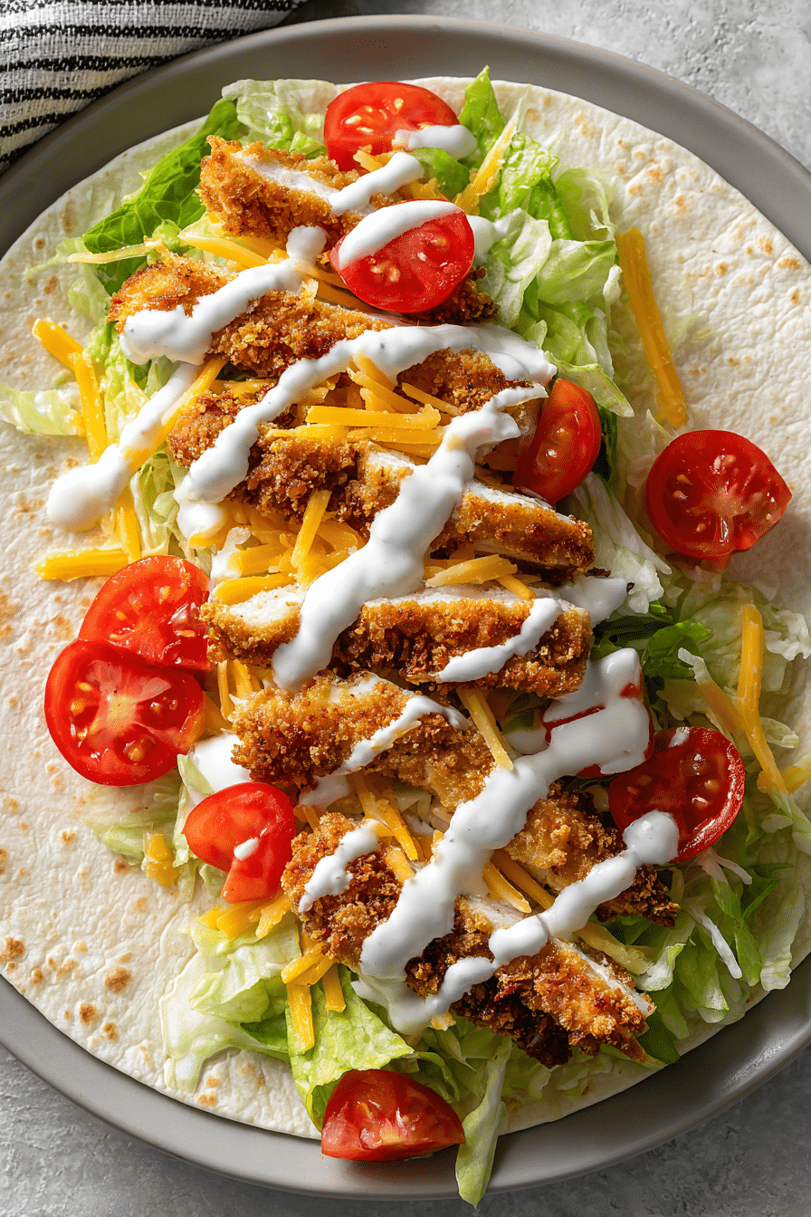 open tortilla with lettuce, tomato, crispy chicken, and sauce